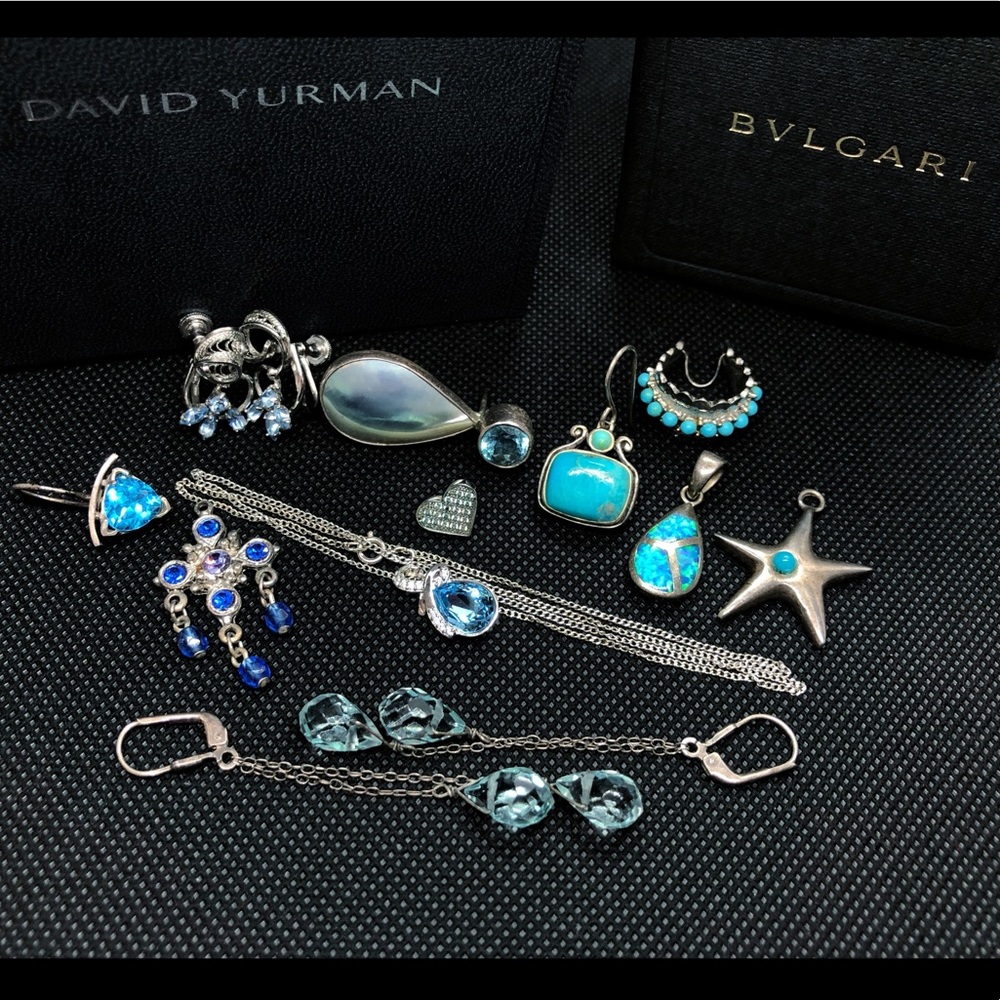 Mixed group of Silver earrings and pendants Blue